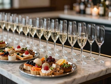 Cocktail reception setup with a marble bar, rows of champagne flutes filled and waiting, passed hors d'oeuvres on silver trays in the foreground, soft ambient light