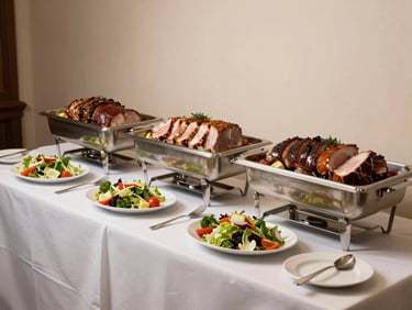 Buffet station with tiered silver chafing dishes, carved proteins, and garnished salads arranged on a white-draped table under warm spotlighting, clean and abundant
