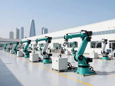 Modern factory floor, robotic arms, industrial tools, clean environment, bright architectural daylight, deep teal accents, 35mm lens, Riyadh skyline in background.