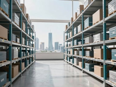 Clean spacious modern warehouse interior, highly organized shelving system, bright daylight, sleek professional corporate photography