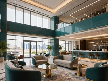Luxurious hotel lobby in Riyadh, modern design, elegant furniture, soft lighting, teal accents.