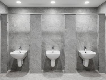 Symmetrical shot of a spotless modern commercial washroom, slate gray tiles, bright cool architectural lighting, 35mm