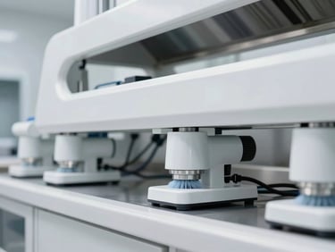 Detailed shot of specialized deep cleaning equipment sanitizing a high-tech commercial kitchen surface, cool white architectural lighting, sharp focus