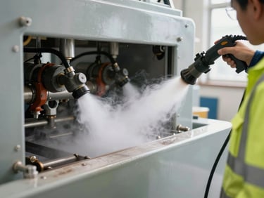 Close-up of industrial machinery being cleaned with high-pressure steam, professional operator in high-visibility gear, sharp focus, 35mm
