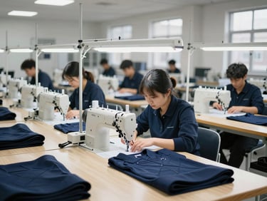 Industrial garment factory floor with rows of modern sewing machines under clean, professional lighting, workers focused on structured navy apparel, 35mm