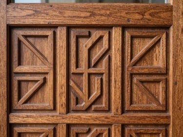 Macro detail of carved rosewood paneling, intricate geometric relief, warm wood tones, sharp focus, professional photography, 35mm