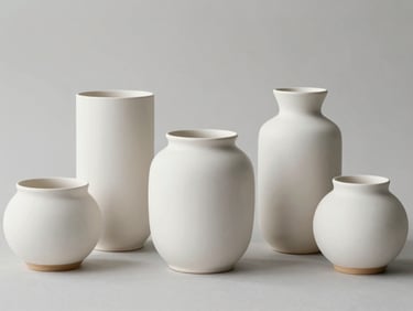 Minimalist hand-thrown ceramic vessels on a clean surface, structured composition, 35mm