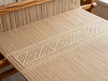 Close-up of a traditional wooden handloom weaving intricate geometric patterns into a warm sand-colored home textile, natural daylight, shallow focus, 35mm