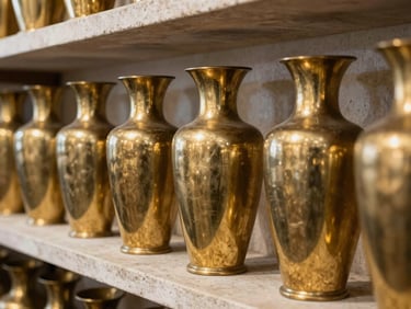 Polished brass vases arranged neatly on a stone shelf, warm ambient light, sharp focus