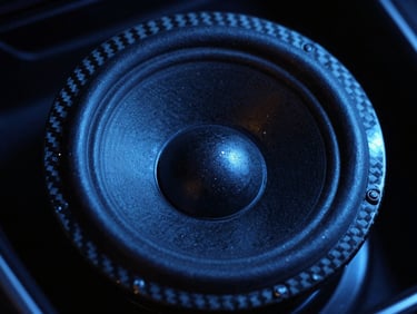 Macro shot of a modern carbon fiber car audio speaker cone, sharp specular highlights, moody dark background with electric blue ambient glow, 35mm lens