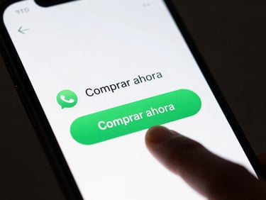 Close-up of a hand tapping a 'Comprar ahora' button within a clean WhatsApp chat interface on a smartphone, sleek tech photography, electric green highlights, crisp studio lighting.