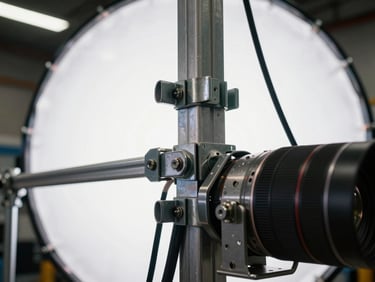 Macro close-up of a structural joint and rigging plot behind a massive LED volume, showing heavy-duty steel clamps and clean cable management under low-key warehouse lighting.