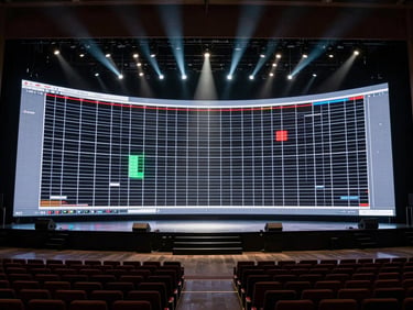Extreme wide environmental shot of an empty, architecturally striking stage with a massive curved LED wall displaying a technical calibration grid, dramatic spotlights.