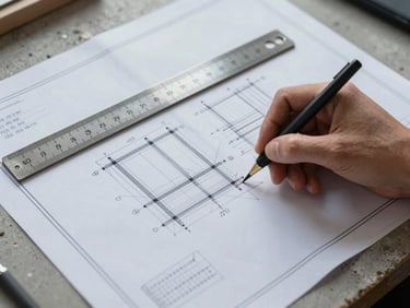 Overhead close-up of structural engineering drawings — load calculations annotated by hand on printed blueprints, a steel scale ruler resting across the sheet, soft diffuse daylight from above, concrete worktable surface visible at edges