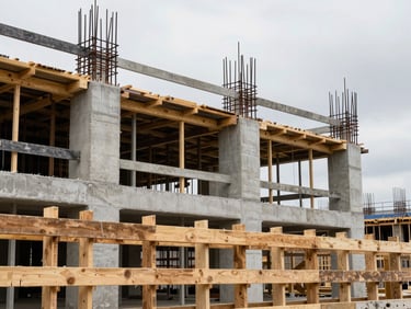 Wide environmental shot of an active concrete formwork structure under construction, raw timber shuttering and steel rebar visible in the foreground, overcast north-facing daylight, no workers present — the material geometry reads as pure structural logic