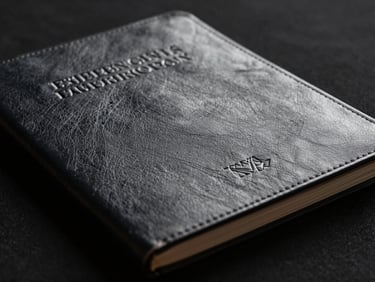 Extreme close-up of a leather-bound institutional report cover, embossed lettering barely visible under raking directional studio light, deep black background, monochromatic