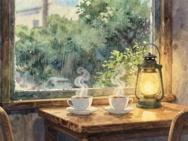 Cozy studio interior with rain streaking the window, steaming teacups on a wooden table, warm lantern glow, soft watercolor style.