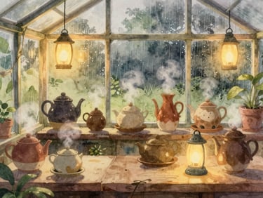 A warm indoor greenhouse scene with ceramic teapots, steam rising, glowing lanterns, and soft rain pattering against the window, cozy watercolor style.