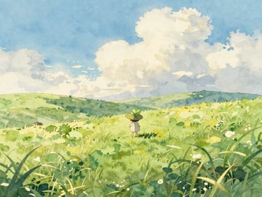 A whimsical small spirit with a leafy hat walking through expansive green hills under a sky filled with soft clouds, dappled sunlight, watercolor illustration.