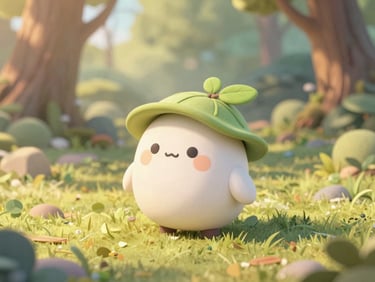 A cute round clay-like 3D character of a woodland spirit with a tiny leaf hat, soft lighting, warm pastel tones.