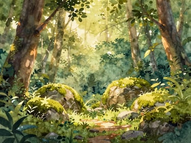 A lush digital watercolor painting of a dense forest with golden sunlight filtering through leaves, mossy rocks, soft painterly textures.