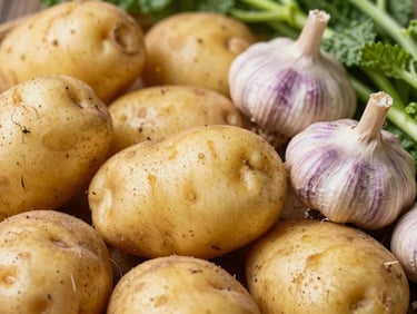 Macro detail of unpolished golden potatoes and dry purple garlic bulbs, natural high-contrast daylight, 35mm agricultural photography