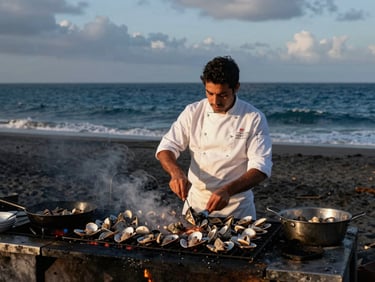 Chef Marco Valdés, hombre, cocinando mariscos en arena caliente con brasas, manos en acción, luz de atardecer, alta calidad.