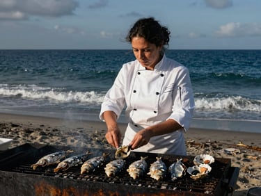 Chef Elena Rojas, mujer, concentrada ahumando mariscos sobre brasas en la playa, luz dramática, alta calidad.