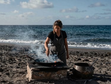 Chef Sofía Luna, mujer, supervisando un horno de tierra en la playa, humo, ambiente rústico, alta calidad.