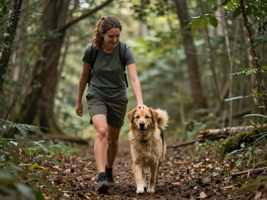 warm editorial photography, trainer guiding a dog in a forest, soft natural light, shallow depth of field