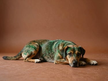 warm editorial photography, calm dog resting in a clean structured indoor space, earthy terracotta tones