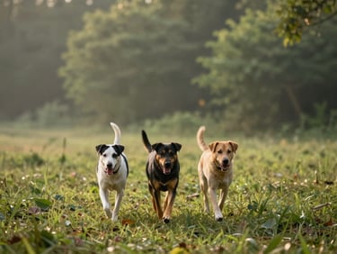 warm editorial photography, dogs walking calmly in a natural park, morning light, forest green tones