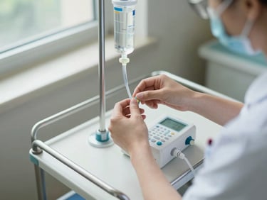 Close-up overhead view of a nurse's hands adjusting an IV drip on a ward trolley, natural north-facing window light falling across the equipment, clinical setting visible in soft background
