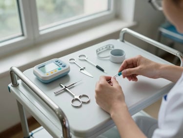 Overhead close-up of hands preparing obstetric monitoring equipment on a clinical trolley, natural light from a wide ward window, sterile instruments laid out precisely