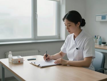 Wide environmental shot of a quiet clinical consultation room, a nurse's notepad and assessment tools on the desk, north-facing daylight through a frosted window, no persons visible