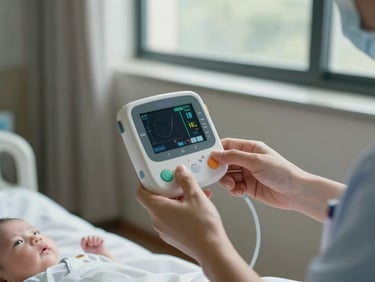 Nurse's hands carefully holding a neonatal monitoring device in a paediatric unit, natural daylight from a high window, clinical instruments in sharp focus against a muted background