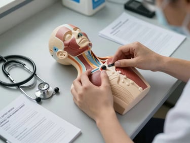 Overhead close-up of an anatomy lab bench in use — a student's hands tracing structures on a labelled anatomical model under diffused north-facing daylight, stethoscope and clinical reference cards arranged on the bench surface, warm grey tabletop, no faces visible, crisp natural light