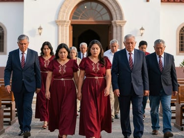 A multi-generational Hispanic family walking out of a traditional church, bright morning light