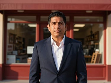 Hispanic business owner standing proudly in front of a local shop, warm daylight, 35mm