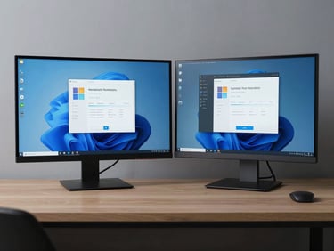 Symmetric shot of a clean, minimalist dual-monitor workstation displaying a freshly installed, hardened Windows environment with system diagnostics.
