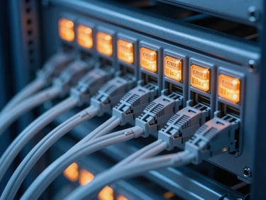 Macro photograph of cleanly routed Cat6A structured cabling in an enterprise server rack, cool blue and sharp hazard orange status lights.