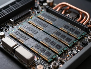 Close-up of high-end workstation motherboard components, focus on calibrated RAM modules and copper heat pipes, technical studio lighting.