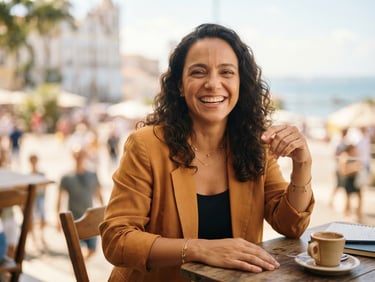 Warm editorial portrait of Paulinha Braga, a charismatic Brazilian female leader in her late 30s, smiling warmly in natural bright daylight, soft background blur, 35mm lens.