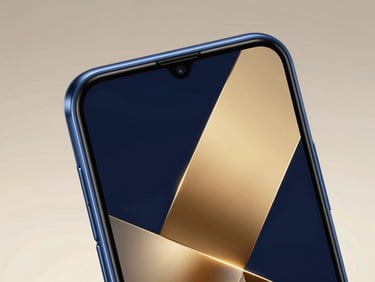 Close-up studio shot of a sleek Infinix smartphone, metallic blue finish, sharp angles, vibrant screen display against a neutral premium backdrop, high-key lighting.