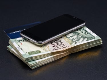 Stack of Pakistani Rupee notes with a smartphone on top, a credit card beside it, clean studio shot.