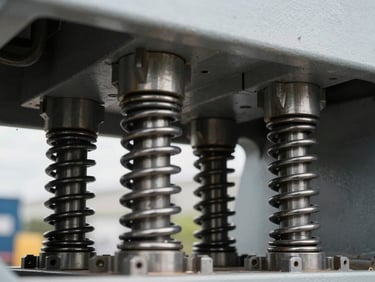 Macro detail of industrial vibration isolation spring mounts beneath heavy machinery, overcast daylight, sharp focus on mechanical steel components