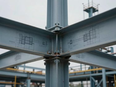 Macro detail of a structural steel connection in a heavy industrial plant, high-contrast overcast daylight, engineering blueprint style.