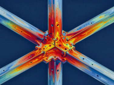 A high-fidelity finite element analysis heatmap of a complex structural steel connection, showing intense red and orange stress concentrations fading into cool blue, macro detail, technical grid overlay