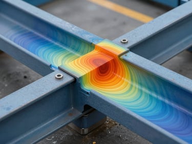 High-fidelity finite element analysis stress-concentration heatmap on a heavy steel beam connection, showing gradient contours from blue to safety orange