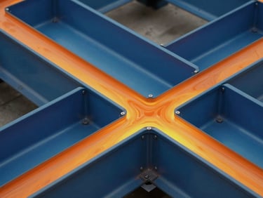 High-fidelity finite element analysis stress-concentration heatmap of structural steel under dynamic load, glowing orange and deep blue gradients.